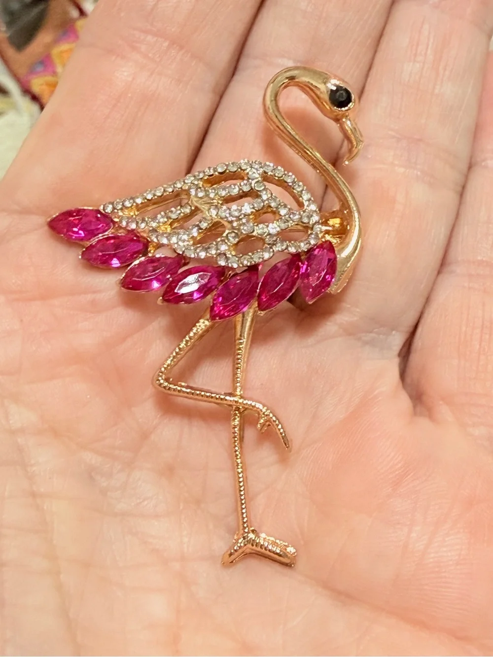 Gold Flamingo Brooch with Pink Crystal Accents